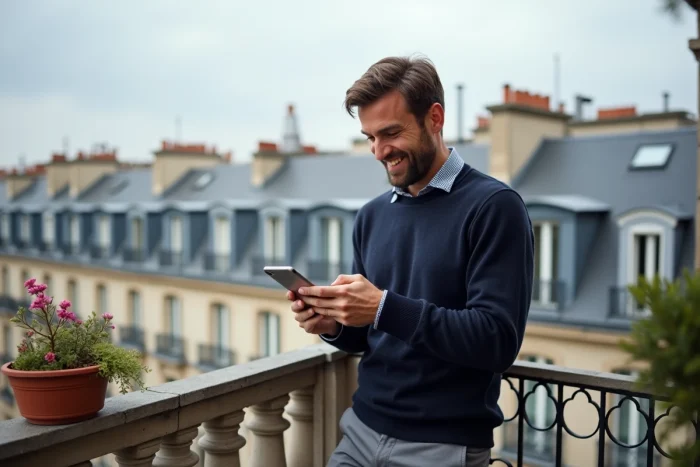 Locataire parisien satisfait consultant une annonce immobilière sur son téléphone depuis son balcon avec vue sur les toits de Paris