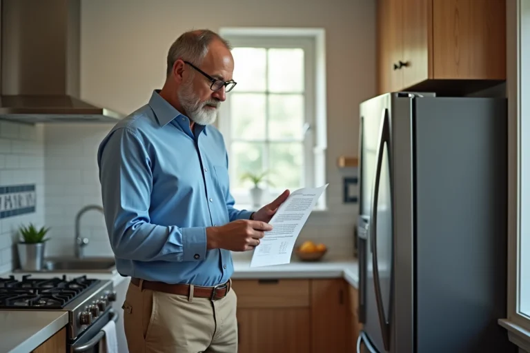 Propriétaire vérifiant un contrat dans une cuisine moderne