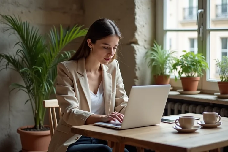Jeune femme consultant des annonces de location sur son ordinateur portable dans un appartement parisien