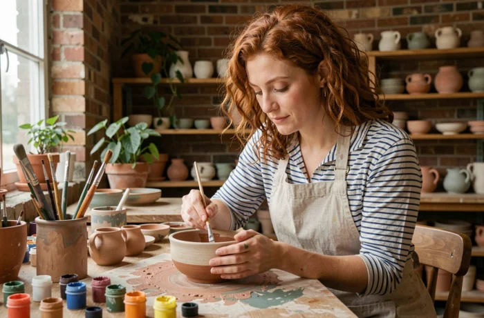 Femme peignant un bol en céramique dans un atelier artisanal fait maison, idée loisir créatif au quotidien