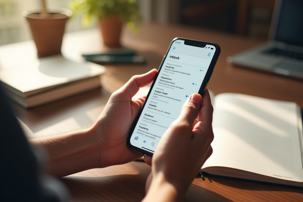 Mains tenant un smartphone affichant une messagerie académique