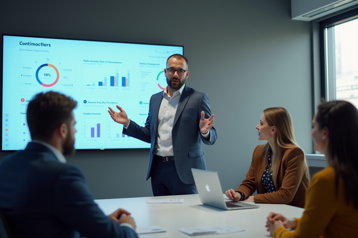Manager confiant menant une réunion agile en entreprise