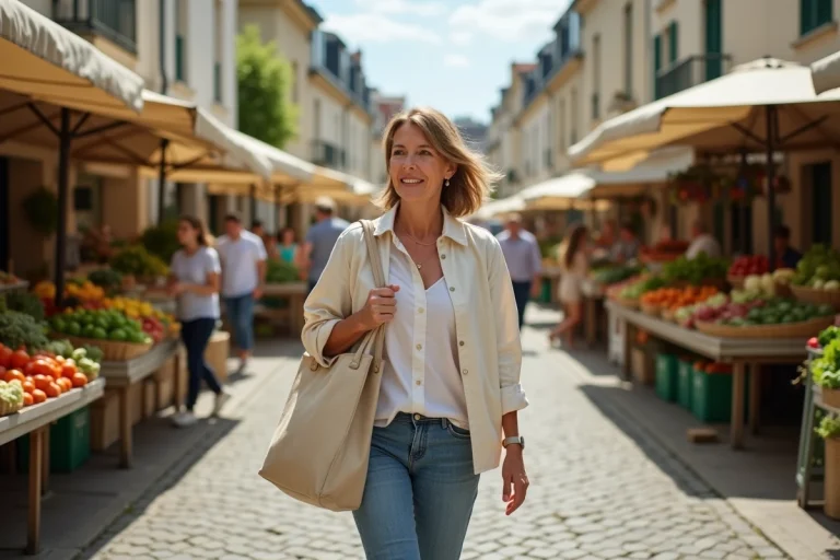Femme se promenant dans un marché de plein air animé à Bagneux, illustrant la qualité de vie et les services de proximité