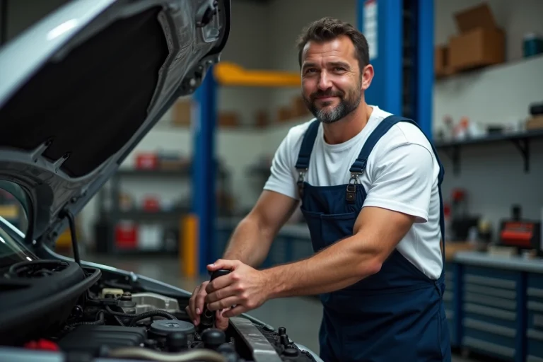 Mécanicien homme vérifiant le moteur d'une voiture dans un atelier