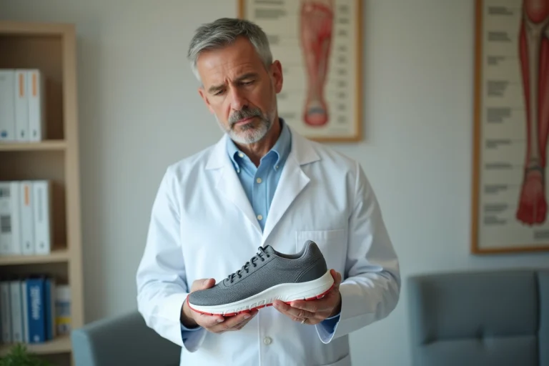 Médecin examinant une chaussure Skechers dans un cabinet médical pour évaluer son soutien orthopédique