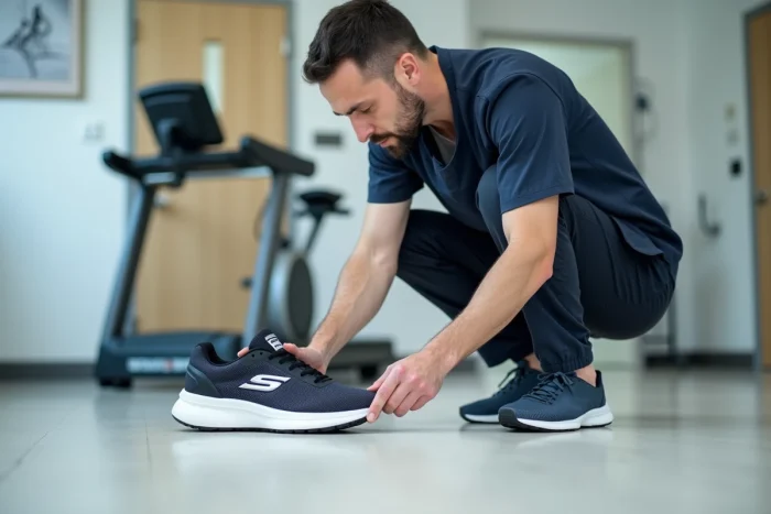 Médecin du sport analysant la semelle et l'amorti d'une chaussure Skechers dans une clinique sportive