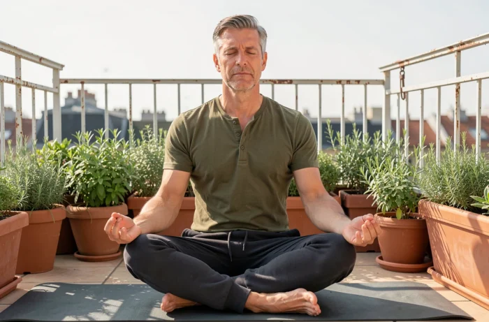 Homme en méditation sur un balcon verdoyant, activité bien-être et loisir relaxant pour occuper son temps libre