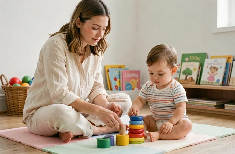 Mère et jeune enfant jouant ensemble avec des anneaux en bois colorés sur un tapis de jeu dans un salon chaleureux