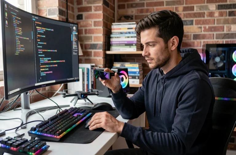 Passionné de high-tech explorant des lunettes de réalité augmentée dans un bureau moderne avec équipements gaming et drone