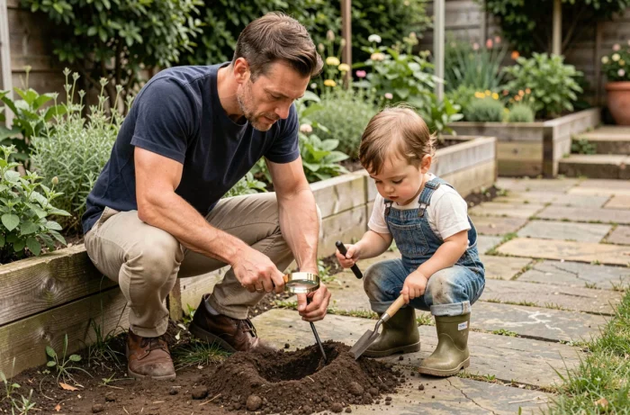 Père et enfant en bas âge explorant le jardin ensemble avec une loupe, favorisant l'éveil à la nature