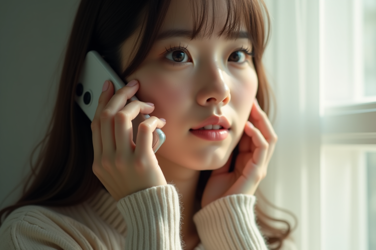 Personne tenant un téléphone à l'oreille avec une expression curieuse