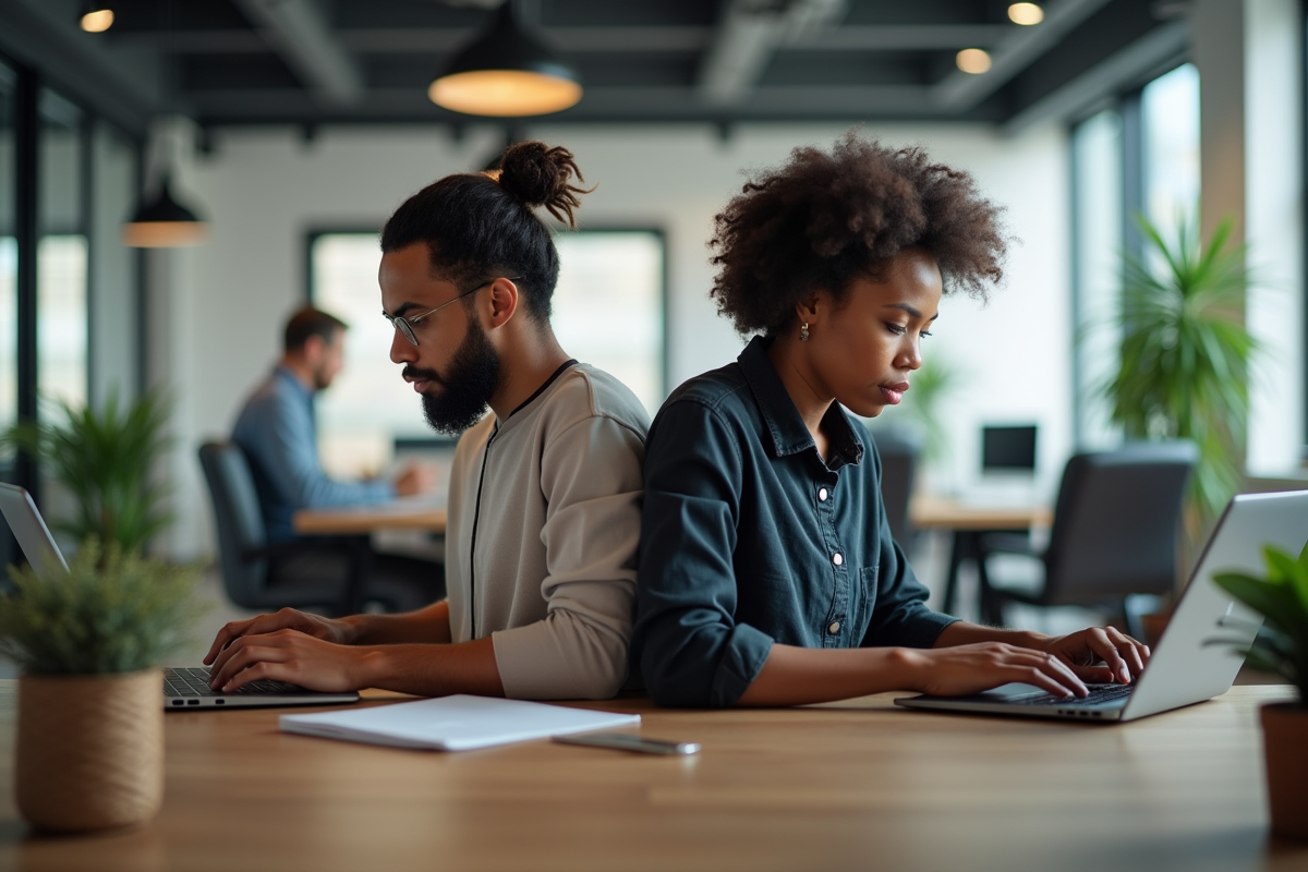 Deux personnes concentrées sur leurs laptops dans un espace de coworking