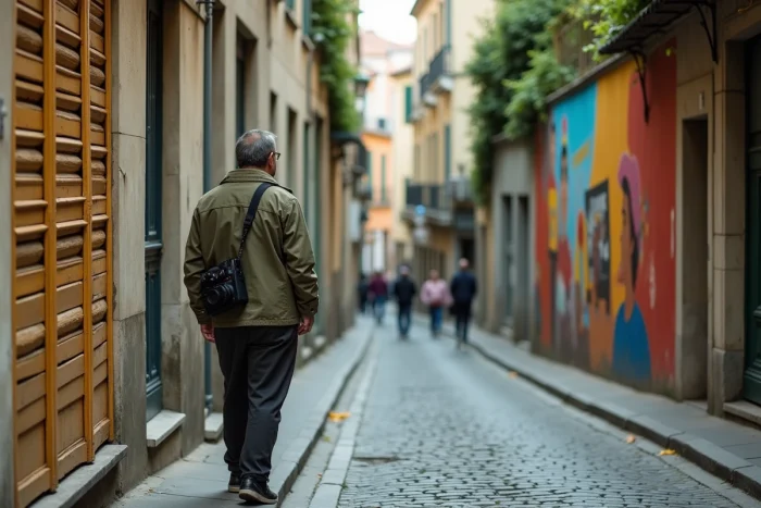 Photographe se promenant dans le quartier de la Croix-Rousse à Lyon, devant une fresque murale colorée sur une traboule
