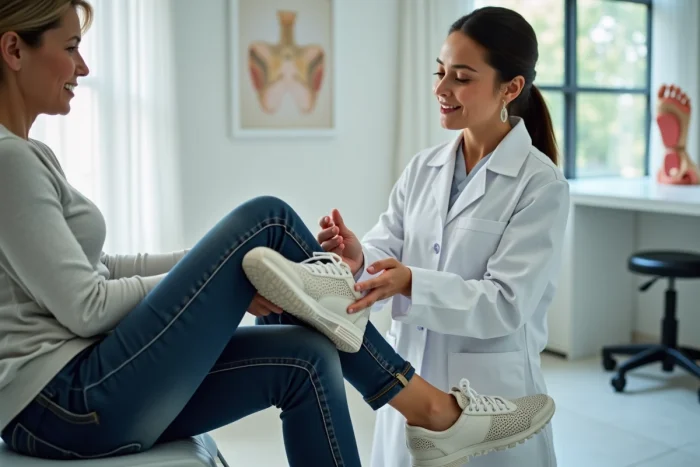 Podologue évaluant les chaussures Skechers d'une patiente lors d'une consultation orthopédique