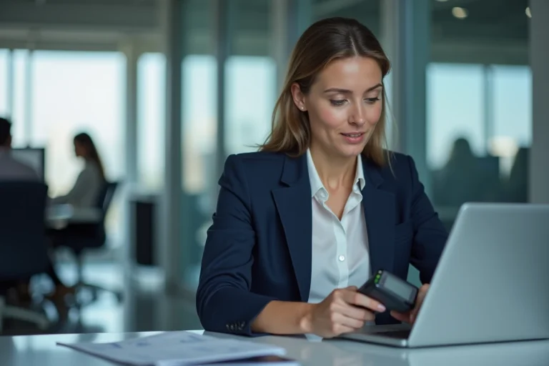 Professionnelle en entreprise utilisant un terminal de paiement sans contact et un logiciel de gestion financière sur ordinateur portable dans un bureau moderne