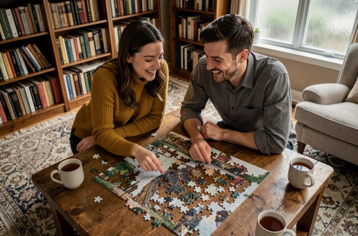 Deux amis assemblant un puzzle sur une grande table en bois dans un salon cosy, idée de loisir convivial en intérieur