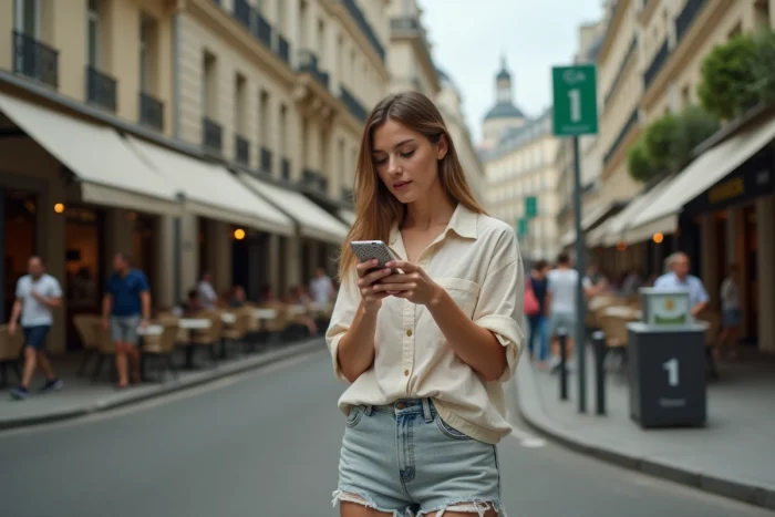 Femme consultant son téléphone pour trouver l'adresse d'un magasin Cupshe à Paris