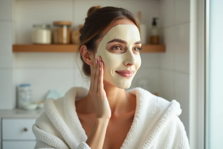Femme appliquant un masque visage naturel au miel et à l'avoine dans une salle de bain minimaliste pour une routine beauté naturelle