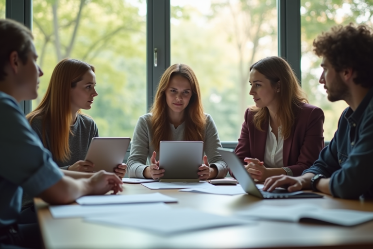 Enseignants discutant dans une salle de classe moderne