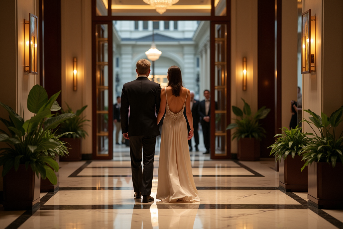Couple en soirée sortant d un hotel de luxe
