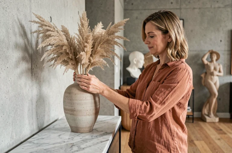 Femme arrangeant des herbes de la pampa dans un vase en céramique dans un appartement contemporain parisien aux tons chauds