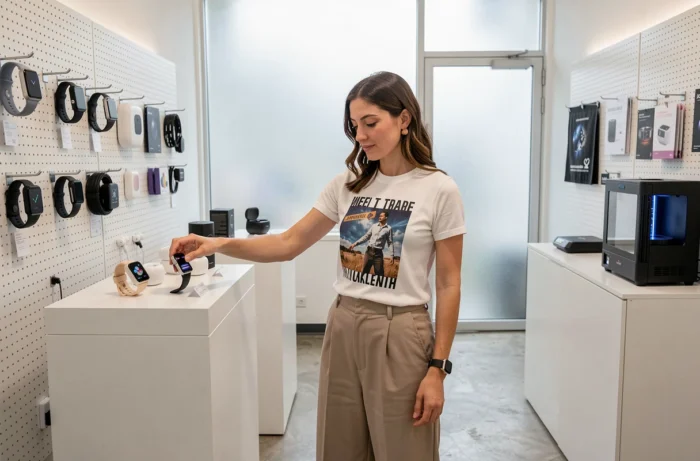 Femme découvrant les dernières tendances high-tech dans un espace pop-up avec smartwatches et écouteurs sans fil exposés