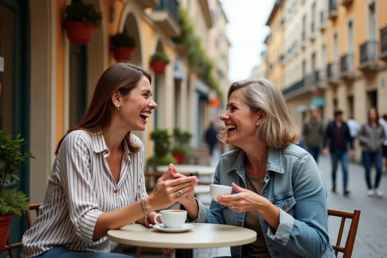 Deux femmes en terrasse d'un café lyonnais dans le quartier Presqu'île, savourant un moment de convivialité au cœur de Lyon