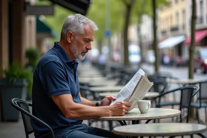 Homme lisant un journal en terrasse de café à Bagneux, évoquant la douceur de vivre et les services urbains de qualité
