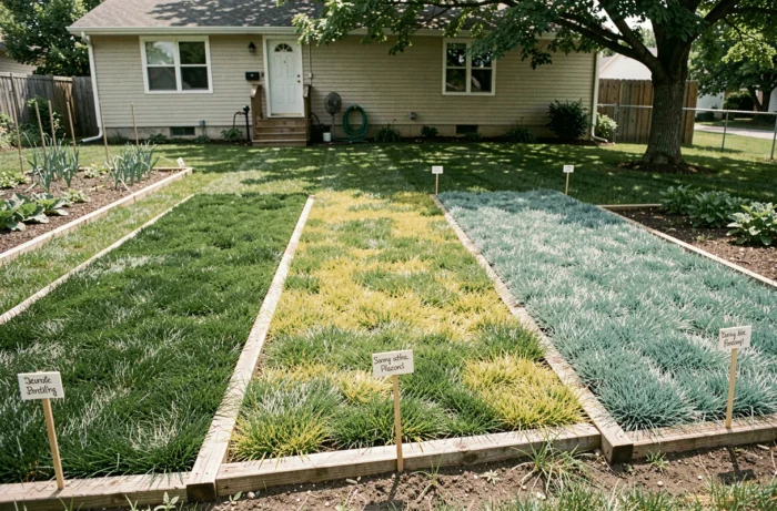 Jardin résidentiel avec trois variétés de gazon différentes testées côte à côte pour comparer leur rendu visuel