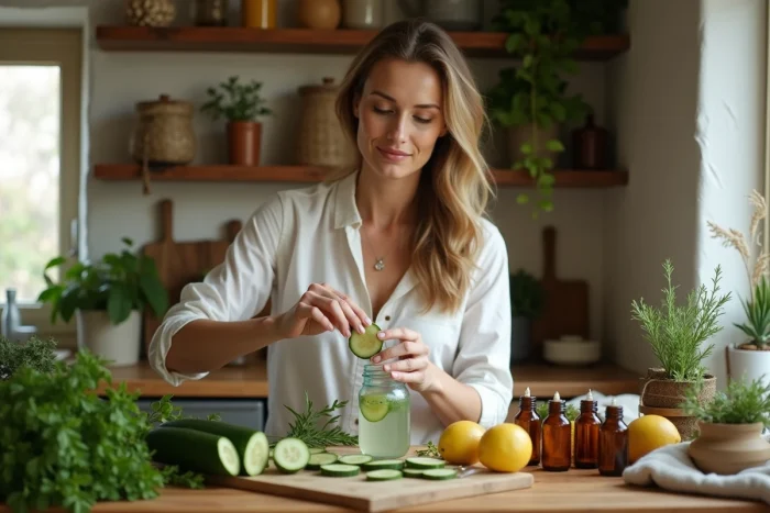 Femme préparant un tonique visage maison au concombre et aux herbes fraîches dans une cuisine naturelle pour une routine beauté écologique