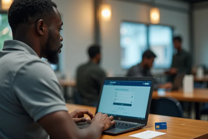 Jeune homme vérifiant son compte MTN sur ordinateur portable dans un cybercafé en Côte d'Ivoire