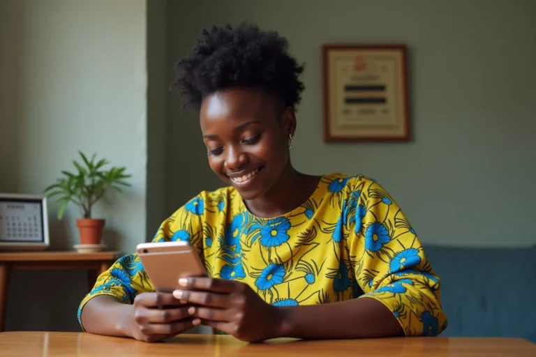 Jeune femme ivoirienne vérifiant son identification MTN sur smartphone depuis son appartement à Abidjan