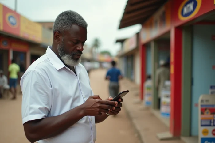 Homme ivoirien consultant son identification MTN Côte d'Ivoire devant une boutique mobile en plein air