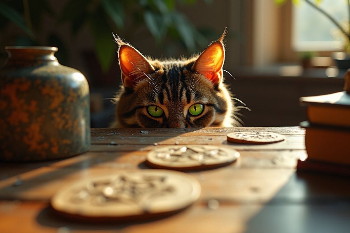 Yeux verts de chat parmi symboles anciens sur table